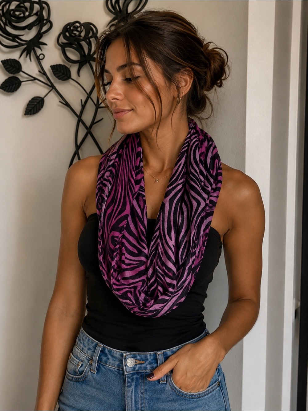 Pink & Black Zebra Print Infinity Scarf | Lightweight Fashion Loop Scarf